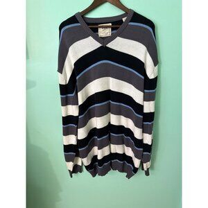 Mens 3XL Striped Pullover Sweater V-Neck Black/Gray/White 100% Cotton Casual Kni